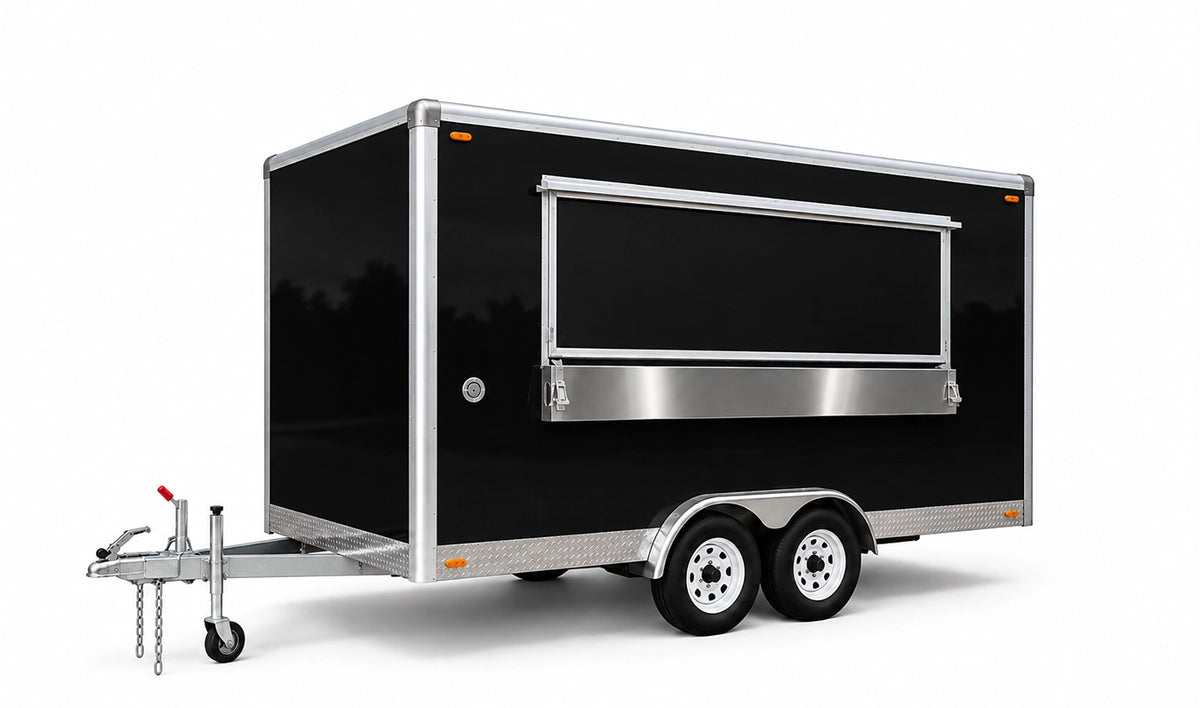 Matte black 4-metre tandem-axle commercial food trailer with closed serving hatch on white background