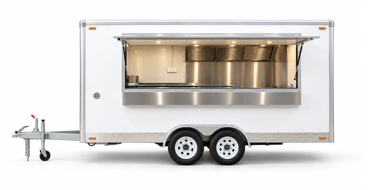 Tandem axle 4m white commercial food trailer with wide open serving window and stainless steel kitchen fitout