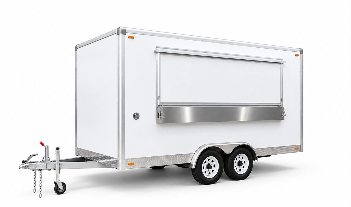 Three-quarter view of a 4m white commercial food trailer with closed serving hatch and checker plate trim on tandem axles