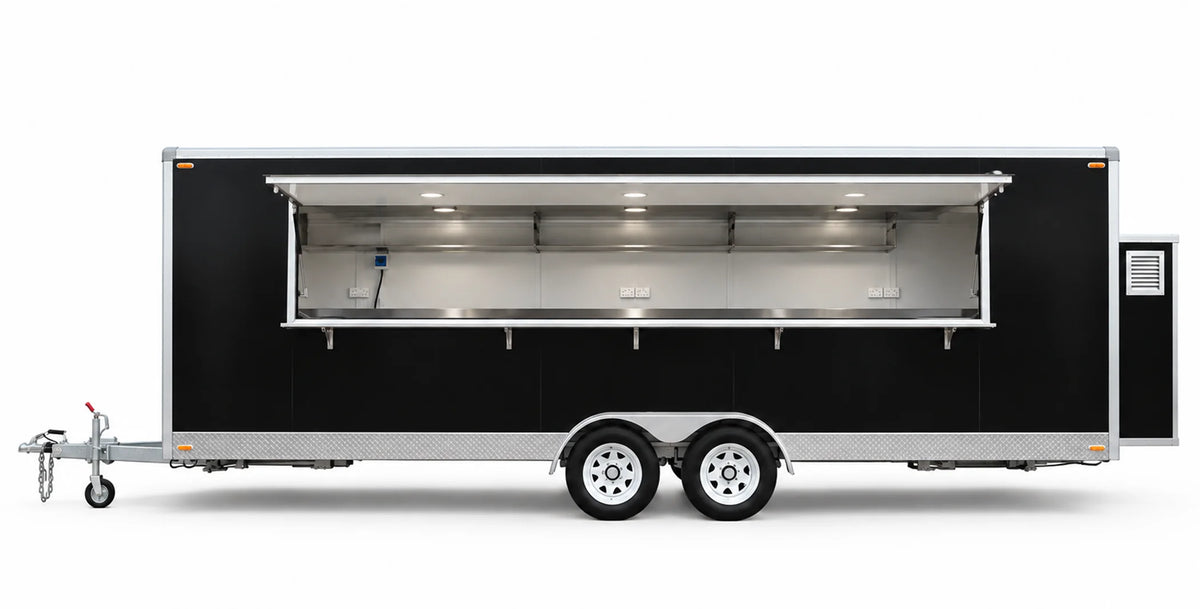 6m food trailer with two wheels and window open an side view with window open