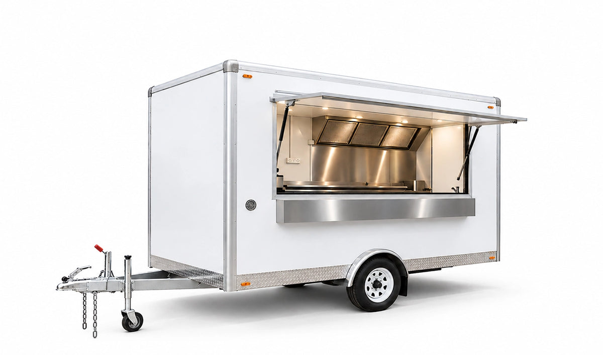 3M white commercial food trailer with stainless steel kitchen and service hatch