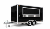 Matte black 4-metre tandem-axle commercial food trailer with closed serving hatch on white background
