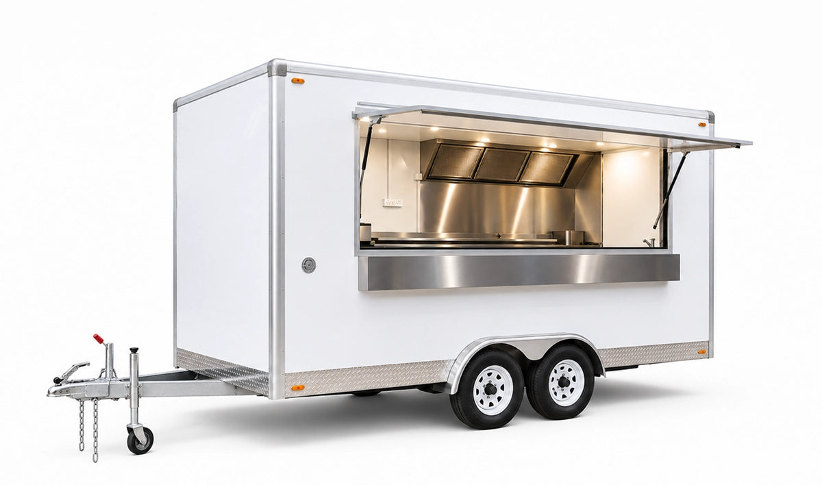 4m white commercial kitchen trailer with open servery hatch showcasing 3-filter stainless steel exhaust canopy and prep counters