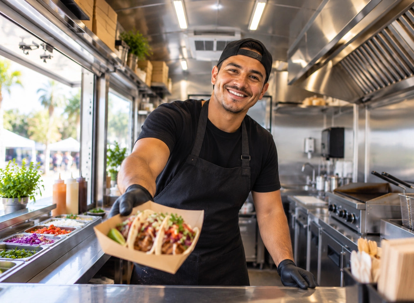 chef in food trailer holding tacos and smiling to a customer