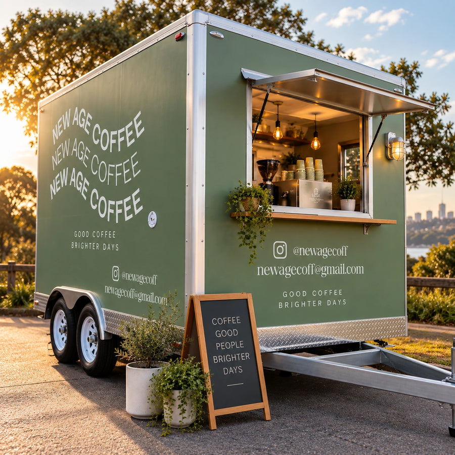 4m coffee food trailer with signage out the front pictured in sydney by the harbourside