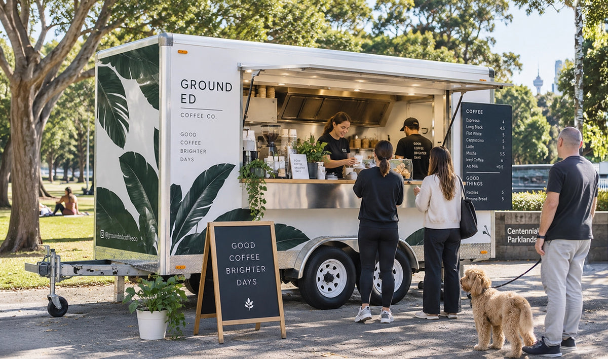 4m coffee food trailer in central park with a line of people waiting to be served