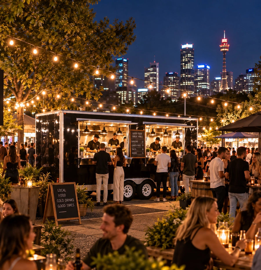 Commercial black food trailer operating at a Sydney night event with Sydney Tower Eye in the background